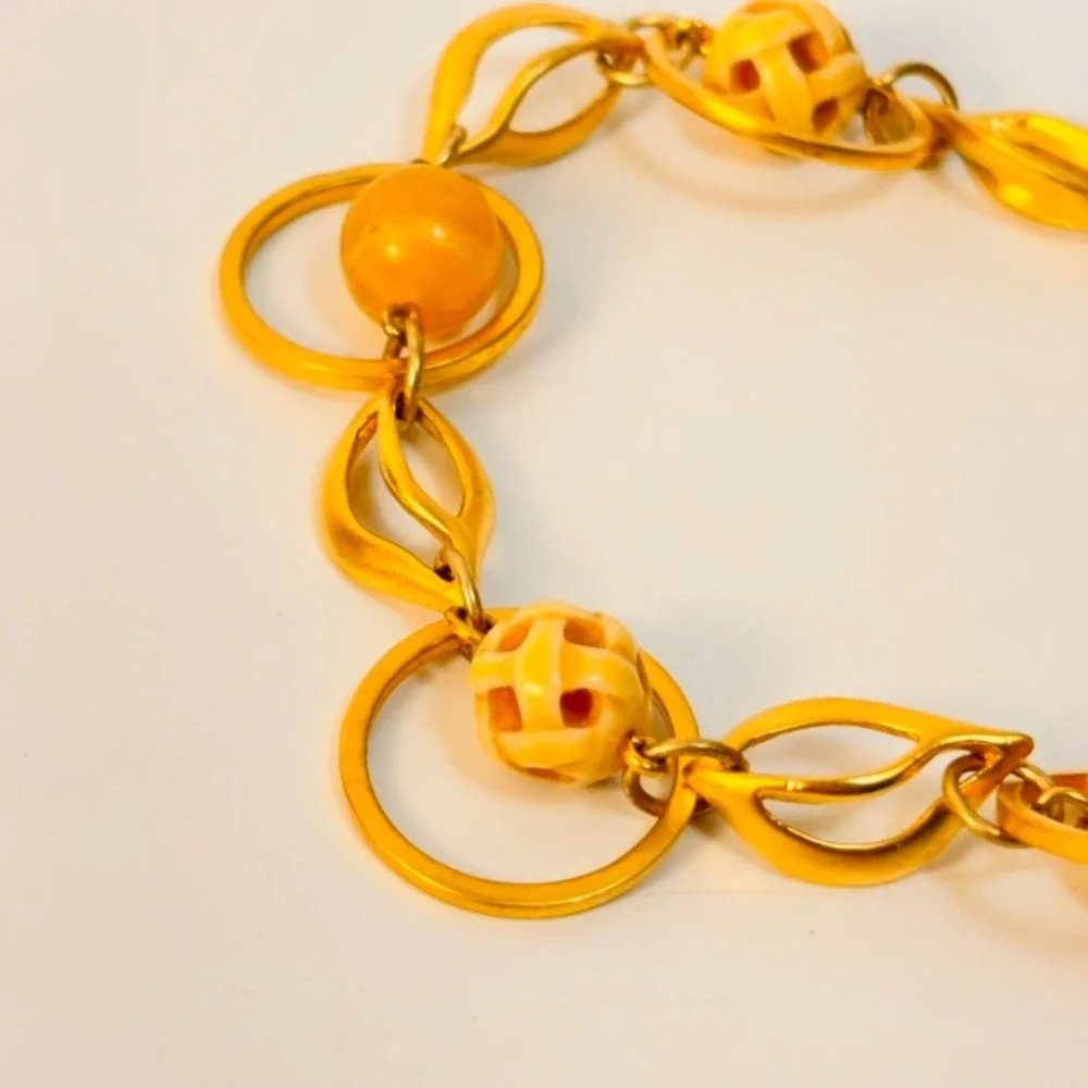 Vintage Link Bracelet Gold Yellow Marbled Bead Boho Chic Minimalist 90s